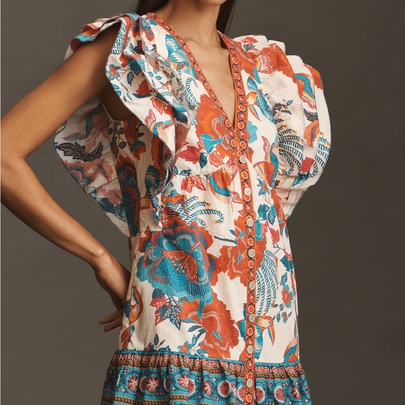 New with tags Farm Rio Magia Floral Ruffle 100% cotton Dress, Small, retail $228 - Picture 2 of 15